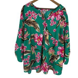 Catherines Tropical Floral Button Down Roll Tab Sleeve Blouse Size 3X